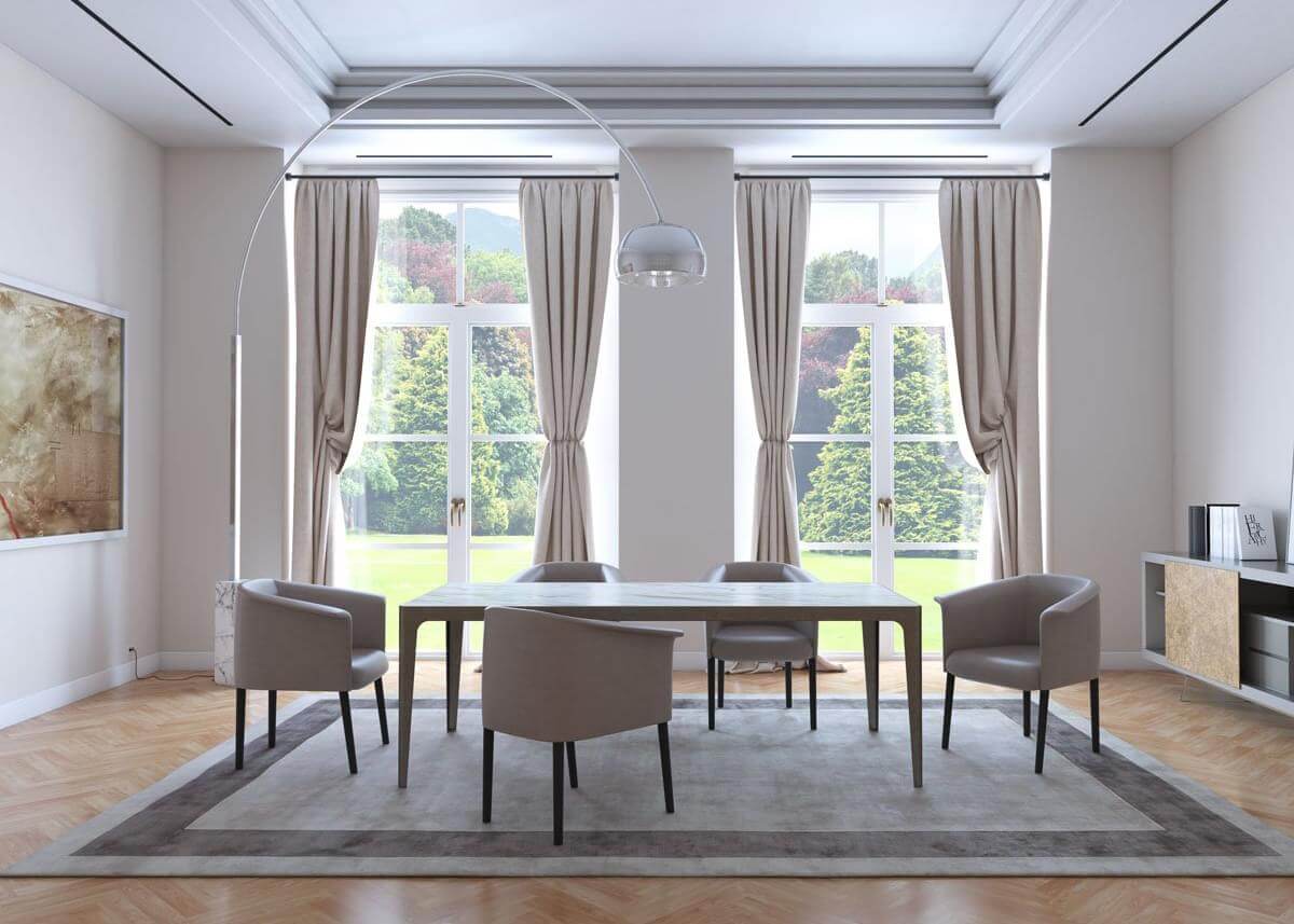Exceptional Presotto Milo armchair with expanded polyurethane padding upholstered in uniform beige textile and sleek black stained ash wood legs