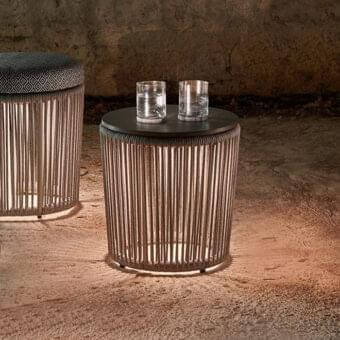 Distinguished Varaschin Tibidabo side table with warm brown woven texture and HPL surface crafted in weatherproof aluminum
