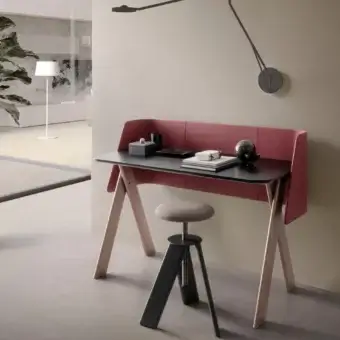 Exceptional Presotto Squid desk with matte lacquered tabletop and black epoxy base, plus stool with grey cushioned seat and dark grey metal