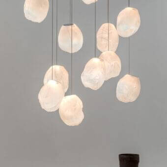 Elegant Bocci 73V suspension lamp with translucent white glass and refined braided metal coaxial cable