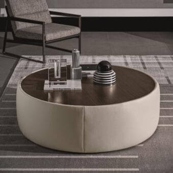 Superior Ditre Italia Clip coffee table with round dark-stained wood top and light beige textile cylindrical base