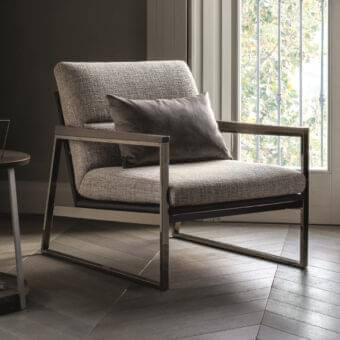 Distinguished Ditre Italia Daytona lounge chair with varnished metal base and textured mottled beige gray textile upholstery