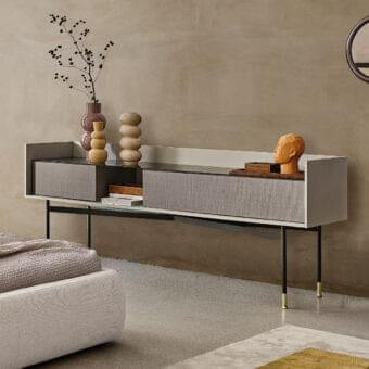 Elegant Ditre Italia Dialogo sideboard with light gray textured wood and dark gray drawer fronts, built with a black metal base