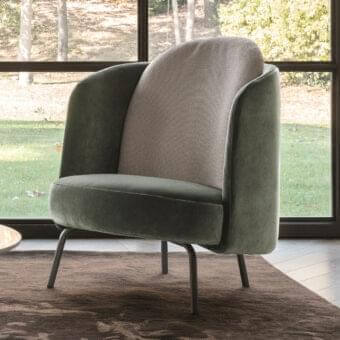 Elegant Ditre Italia Lucia lounge chair with muted green velvety textile and woven light beige backrest with dark metal legs