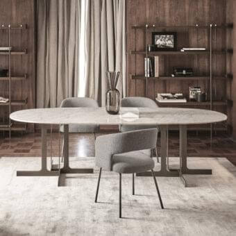 Innovative Ditre Italia Nell table with white and gray marble-like oval top and light matte finish metal blades
