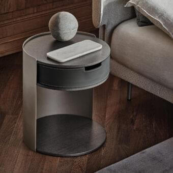 Impeccable Ditre Italia Skin nightstand with dark veneered wood and dark gray bonded leather drawer crafted with light metal structure