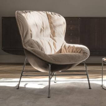 Exceptional Ditre Italia Softy lounge chair in plush textile upholstery with a polished metal base
