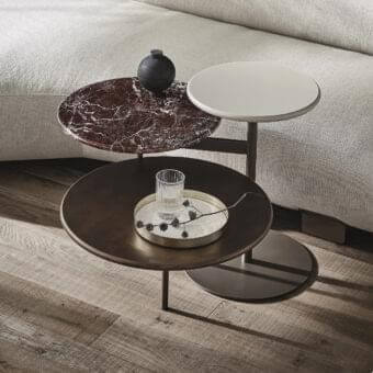 Exceptional Ditre Italia Tris coffee table with rotating tops in red-brown marble, dark brown and white, plus slender supports