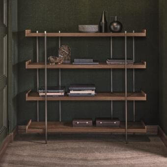 Architectural Ditre Italia Unit bookcase with dark brown veneered wood shelves and satin silver metal frame