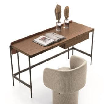 Sophisticated Ditre Italia Unit desk with wood worktop and sleek leather panel in medium-toned brown with minimalist dark metal legs