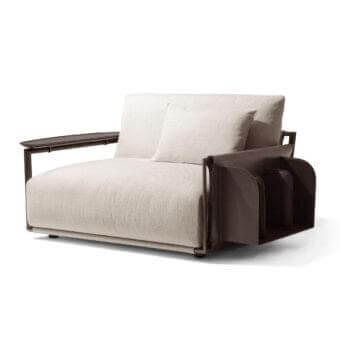Distinguished Giorgetti Adam lounge chair with light beige fabric cushions and pewter painted metal structure crafted in canaletto walnut with dark saddle leather accents