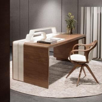 Superior Giorgetti Alma desk crafted in Canaletto walnut with saddle leather and white accents offering a dark brown finish