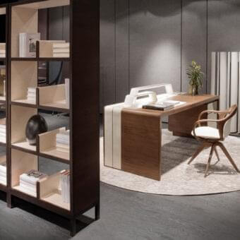 Sophisticated Giorgetti Alma desk crafted in Canaletto walnut with saddle leather and smooth medium-toned wood finish
