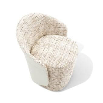 Exceptional Giorgetti Annette armchair upholstered in woven light beige and brown textile with off-white accents and stitched leather backrest