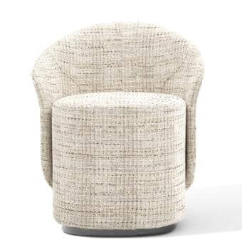 Distinguished Giorgetti Annette armchair upholstered in light beige woven textile with subtle brown and grey undertones offering ergonomic comfort