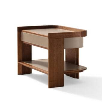 Distinguished Giorgetti Archibald nightstand crafted in Canaletto walnut with saddle leather and light beige upholstery