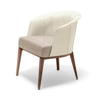 Exclusive Giorgetti Aura armchair with light cream leather backrest and woven beige textile seat crafted in canaletto walnut