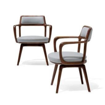 Elegant Giorgetti Baron armchair with soft lines crafted in walnut and light gray refined upholstery