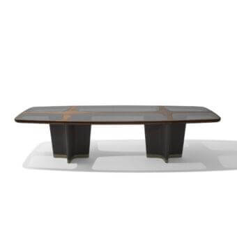 Innovative Giorgetti Bigwig table with shaped Canaletto walnut and Sapele pommelle inserts in a glossy dark gray finish