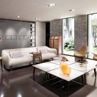 Superior Giorgetti Blend coffee table with marble inserts and dark brown finished ash wood base