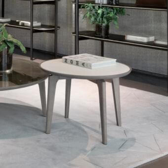 Harmonious Giorgetti Blend side table with a light tabletop and dark ash wood rim supported by matte light grey ash wood legs