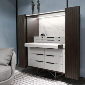 Exclusive Giorgetti Charlotte cupboard with grooved Canaletto walnut doors, white exterior and marble-like back panel presents sophisticated customization