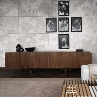 Distinguished Giorgetti Charlotte sideboard with bold decorative motif in Canaletto walnut and gold-toned metallic legs with a matte finish