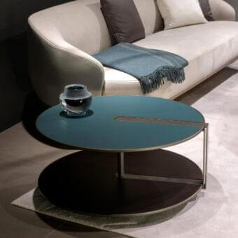 Refined Giorgetti Clamp coffee table with teal and Canaletto walnut tops plus matte metal frame