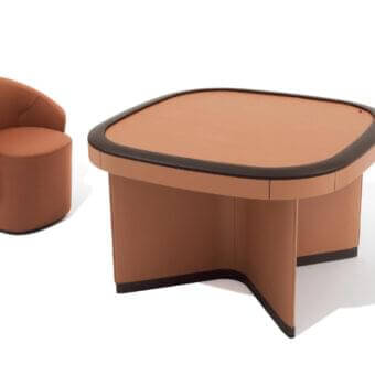 Harmonious Giorgetti Flamingo game table with a smoked glass top, solid ash edge, and light brown leather-upholstered base