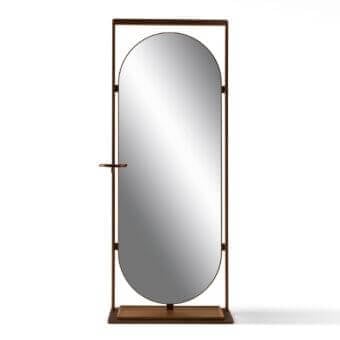 Exceptional Giorgetti Narcisse mirror with slender silhouette crafted in painted metal, veneer, and solid Canaletto walnut