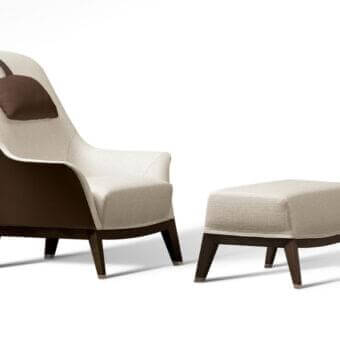Superior Giorgetti Normal lounge chair with light beige textile upholstery and dark brown beech wood legs crafted with a matching headrest