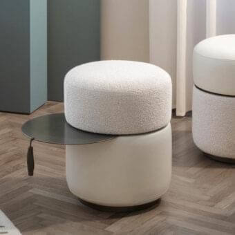 Exceptional Giorgetti Otto ottoman with swivel table in painted steel and textured off-white fabric upholstery