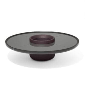 Innovative Giorgetti Ray coffee table with a circular ash frame and gray back-painted glass segments, including a leather-covered storage structure