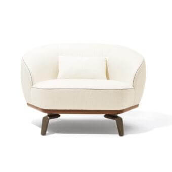 Exclusive Giorgetti Tamino lounge chair with light beige textile and Canaletto walnut base, built with metal feet