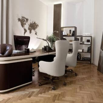 Distinguished Giorgetti Tycoon desk with a maple structure, dark brown finish and saddle leather inserts showcasing geometric detailing