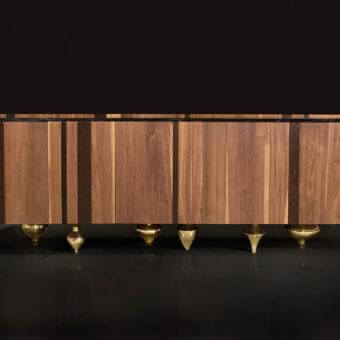 Superior Il Pezzo Mancante Il Pezzo 1 sideboard crafted from American walnut with wengé stripes and brass cast feet, finished with natural oil and black Marquinia marble