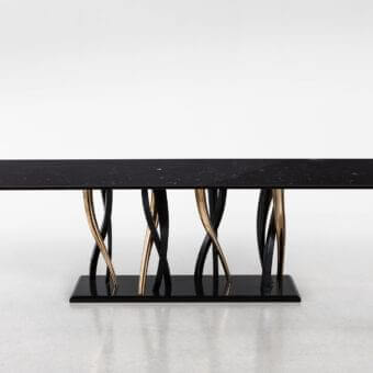 Distinguished Il Pezzo Mancante table with black Marquinia marble and intertwined black gold finished legs