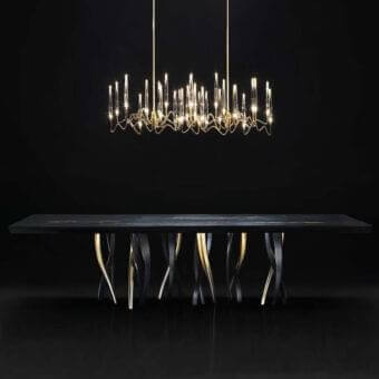 Exceptional Il Pezzo Mancante Il Pezzo 8 table with black stained oak, delicate gold inlays, and sculptural aluminum casting legs