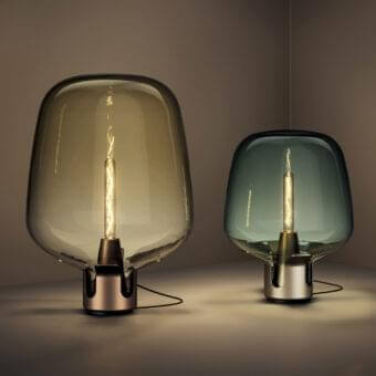 Distinguished Lodes Flar floor lamp with bluish-green blown glass diffuser and satin metal base crafted in Italy