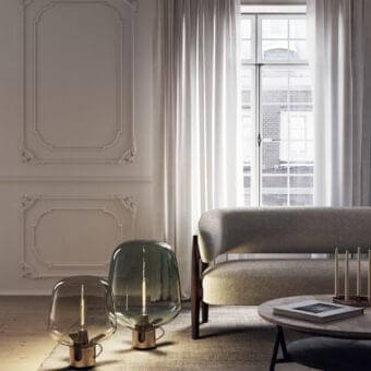 Refined Lodes Flar floor lamp with smoky grey-brown blown glass diffuser and minimalist copper-colored metal base