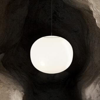 Exceptional Lodes Volum suspension lamp with spherical white blown glass diffuser and delicate cable