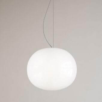 Distinguished Lodes Volum suspension lamp crafted in white blown glass with glossy finish and delicate gray cord