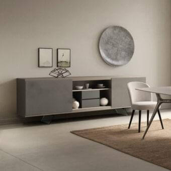 Distinguished Presotto Aliante sideboard with matte gray lacquered finish and dark metal base offering sliding doors and open shelving