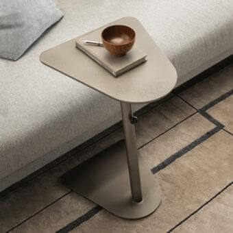 Innovative Presotto Ambrogino side table with metal base and post, a muted taupe finish, plus a matt lacquered liftable top