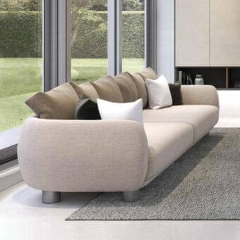 Exceptional Presotto Bali sofa with light beige woven fabric and refined Peltro painted feet
