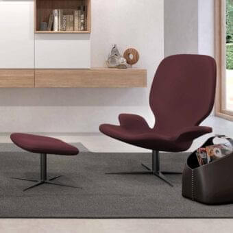 Exceptional Presotto Clarke lounge chair and ottoman with burgundy fabric upholstery and matt black varnished metal swivel base