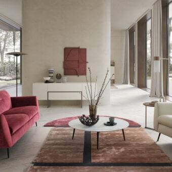 Distinguished Presotto Olive sofa with red velvet upholstery, wooden structure and peltro varnished metal legs
