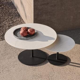 Distinguished Royal Botania Butler side table with enameled lava stone top and dark matte coated stainless steel base