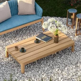 Superior Royal Botania Calypso lounge coffee table in warm brown teak wood with a smooth finish offers functional elegance