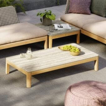 Exceptional Royal Botania Calypso lounge coffee table crafted in light-toned teak wood with a stone-like marbled tabletop